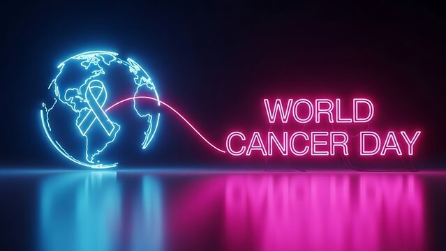 Glowing neon text World Cancer Day with a blue earth and a blue ribbon image photo