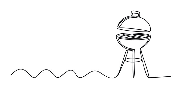 Continuous line drawing of a barbecue grill with a wavy line representing smoke or heat, perfect for food service promotion, summer events, or outdoor cooking themes