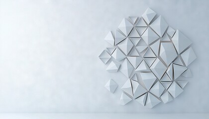A minimalist composition featuring a cluster of white geometric shapes against a white wall, creating a modern and abstract design.