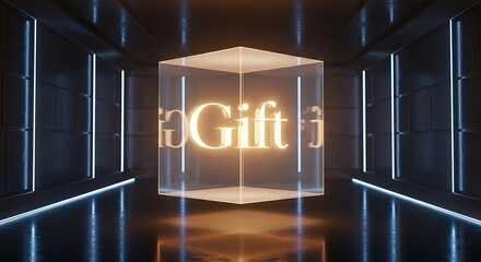 Illuminated gift box suspended in a futuristic neon lit corridor with glowing text