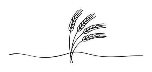 Naklejka premium Minimalist black and white illustration of wheat stalks emerging from a gentle wave, perfect for natural themes and agricultural concepts.
