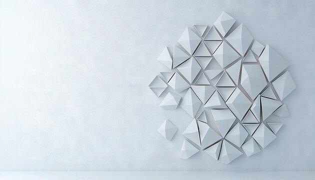 A minimalist composition featuring a cluster of white geometric shapes against a white wall, creating a modern and abstract design.