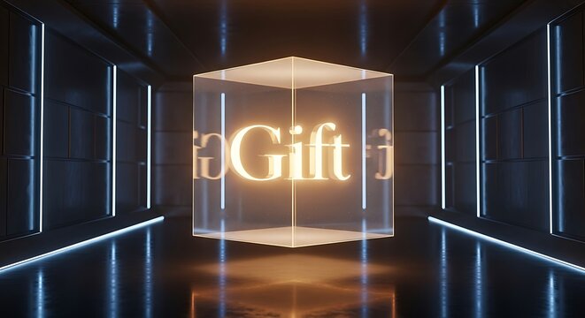 Illuminated gift box suspended in a futuristic neon lit corridor with glowing text