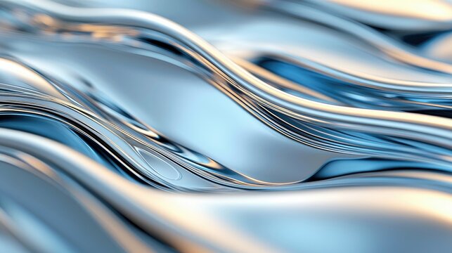 Close-up of abstract metallic waves with blue and gold reflections, creating a sense of fluidity and movement.