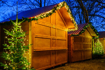 typical wooden sales booth at a christmas market