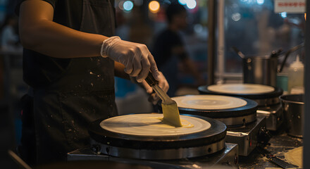 Close-up of chef's gloved hands preparing fresh crepes on a hot griddle at a bustling night market stall.
