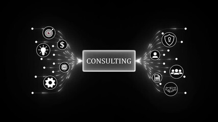 Professional business consulting and corporate advisory service. Optimization of business and production processes. Virtual network connecting service with graphical icons in various.4k video