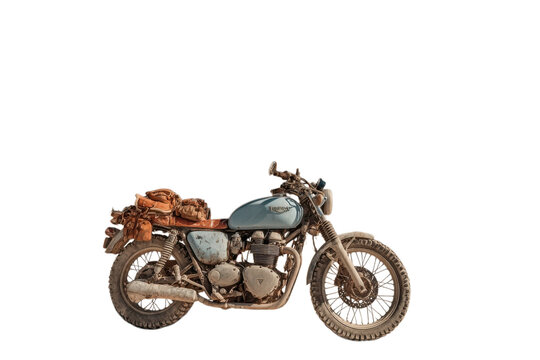 Vintage scrambler motorcycle, classic custom motorbike with brown leather seat, retro cafe racer styling for posters isolated on Transparent Background