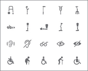 Set of Disability People Pictograms Flat Icons. Contains such Icons as Disabled health care, medical tools, equipment stick figure, crutches, wheelchair, cane, electric wheelchair, power scooter