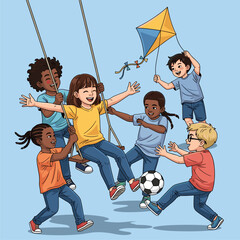 Joyful diverse children playing together outdoors: swinging, flying kite, and soccer. Happy multicultural kids illustration.