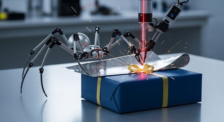 Advanced robotic arm meticulously laser engraves a personalized design onto a wrapped gift box
