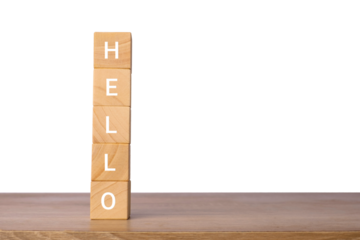 Vertical stack of wooden blocks with word hello for greeting message concept, isolated on transparent background