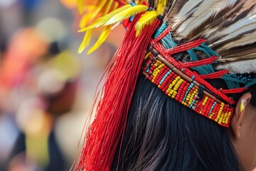 A person wears a colorful feathered headdress adorned with beads and fringe.