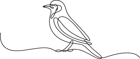 Continuous line drawing of a bird perched gracefully, created with continuous flowing lines. Minimalist simplicity and elegance. one line Icon drawing