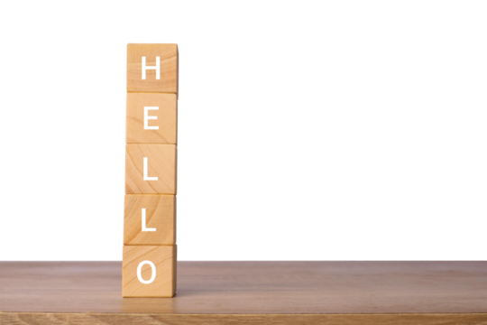 Vertical stack of wooden blocks with word hello for greeting message concept, isolated on transparent background