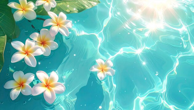 Abstract spring floral background illustration with blue sky, sun, butterfly, and frangipani blossoms in bright color