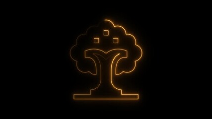 Glowing neon tree silhouette with square leaves and abstract base on black background animated light effect