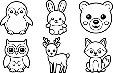 Obraz premium Cute Cartoon Animals: Penguin, Bunny, Bear, Owl, Deer, Fox