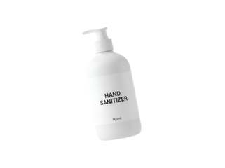 A white plastic bottle of hand sanitizer with a pump dispenser on a transparent background