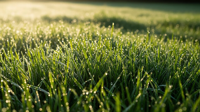 Close up of fresh green grass blades covered in morning dew drops