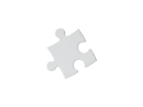A single blank puzzle piece with a smooth surface and interlocking tabs, isolated on a transparent background