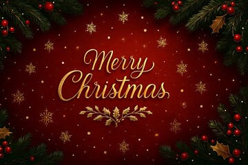 Luxury Gold Merry Christmas Text on Red Background with Pine and Holly Border