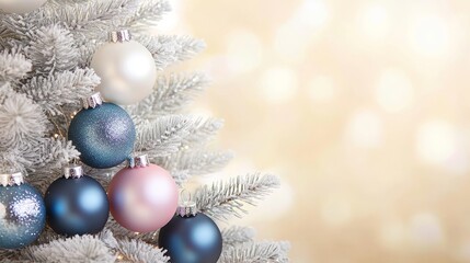Obraz premium Gorgeous Silver White Christmas Tree Decorated with Pink and Navy Blue Baubles for Festive Cheer
