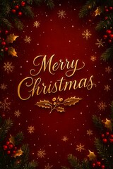 Luxury Gold Merry Christmas Text on Red Background with Pine and Holly Border