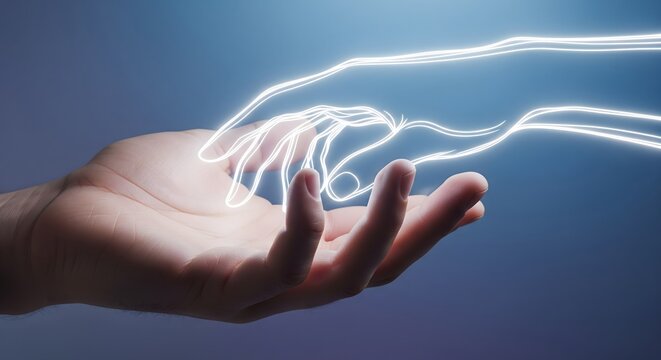 Human hand holding glowing digital outline representing connection, technology, or data transfer against a dark blue background.