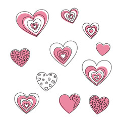 Set of diverse pink heart illustrations with outlines and patterns, perfect for love, romance, and Valentine's Day designs