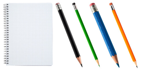 notebook with pencils, isolated on white background