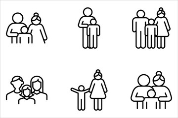 Family with children, line icon set. Child with father and mother, parents. Happy family on white background
