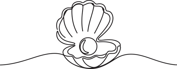 Obraz premium Open pearl shell continuous one line drawing. Single line art open pearl shell. Vector illustration. one line Icon drawing