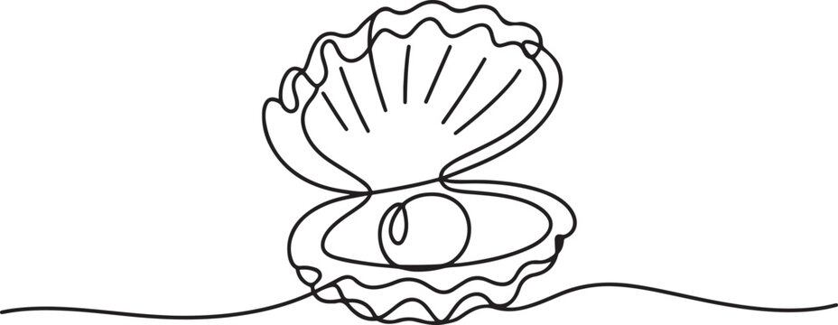 Open pearl shell continuous one line drawing. Single line art open pearl shell. Vector illustration. one line Icon drawing