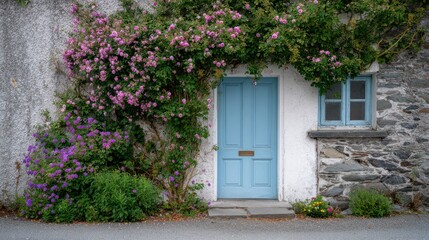 Charming stone house with pastel blue door and climbing flowers