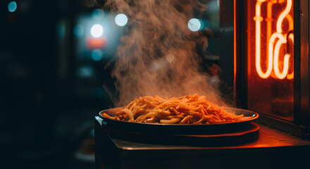 Steaming hot pasta dish under warm neon light at night, creating an atmospheric urban food scene.