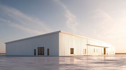 Obraz premium Modern Industrial Architecture: A contemporary industrial structure stands under a clear, sunlit sky, with clean lines and functional design defining its form. 