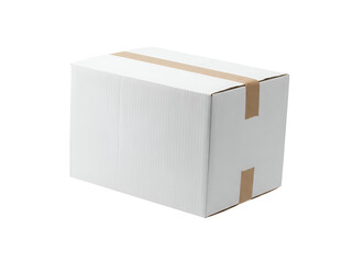 Fototapeta premium A plain white cardboard box sealed with brown packing tape, suitable for shipping or storage purposes