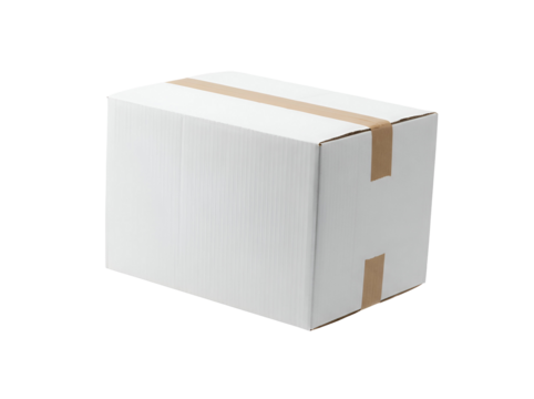 A plain white cardboard box sealed with brown packing tape, suitable for shipping or storage purposes
