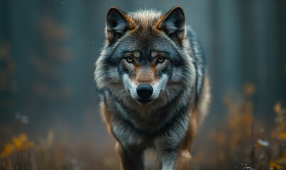 Obraz premium Close-up of a powerful grey wolf with piercing yellow eyes in the forest