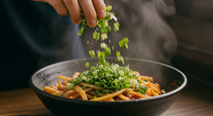 Hand sprinkling fresh chopped green onions over steaming bowl of Asian noodles, adding garnish to hot meal