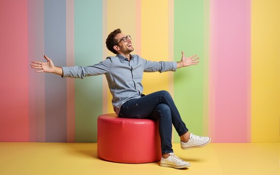 Creative composite photo poster collage of successful ambitious man sit on pouf enjoy investment growth isolated on colorful background. High quality