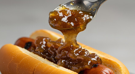 Spoonful of golden caramelized onion relish being poured over a grilled hot dog in a soft bun, close-up.
