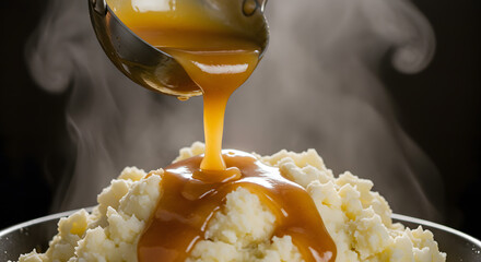 Golden Gravy Pouring Over Steaming Mashed Potatoes