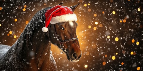 A majestic brown horse wearing a Santa Claus hat amidst falling snow and beautiful bokeh lights