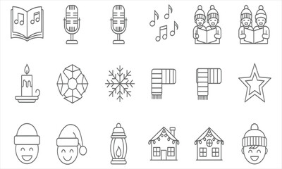Fototapeta premium Set of festive icons a songbook, microphones, singers, notes, candle, gem, snowflake, scarf, star, faces, lamp, house, hat