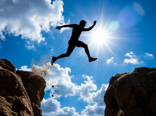 Success and overcoming challenges concept with a silhouette of a man jumping across a mountain cliff gap against the sun.
