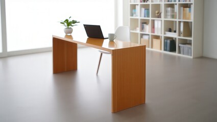 Naklejka premium Modern luxury office interior design with wooden desk, empty chair, and window light