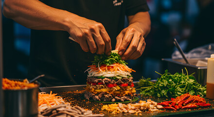 Expert chef's hands meticulously layering fresh, vibrant ingredients for a healthy meal at a bustling food stall.