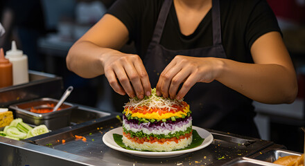 Chef's hands meticulously plating a vibrant, layered rice dish with fresh ingredients